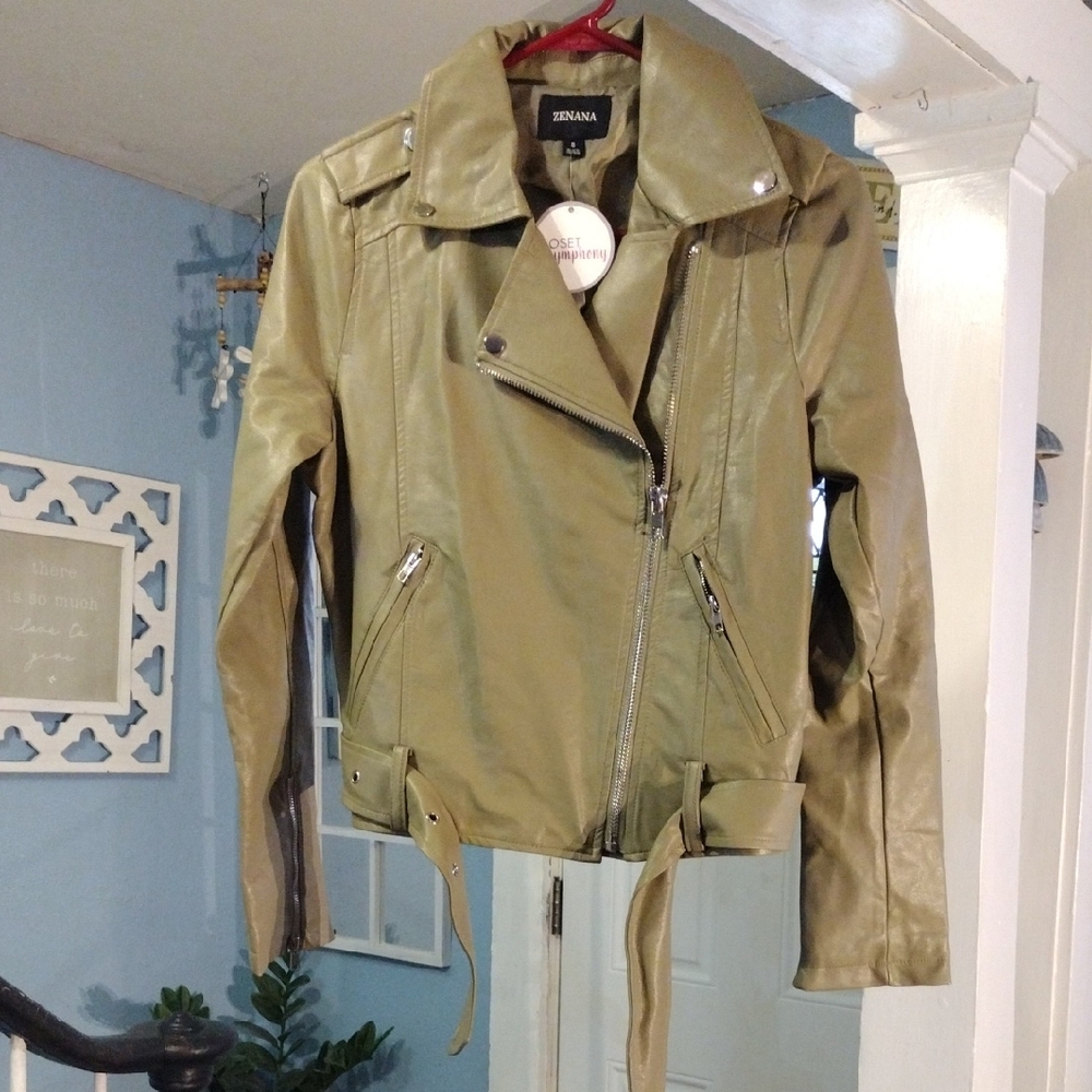 Zenana Women's Khaki Vegan Leather Moto Jacket - Picture 3 of 4